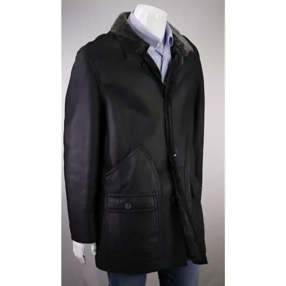 LaMatta Men's Black Leather Shearling Lined Coat Eu 54 - US 44 - Picture 5 of 10